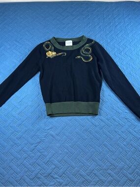 Black Crewneck Sweater with Olive Trim and Gold Embroidered Detail